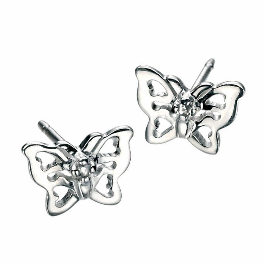 Silver Diamond Set Butterfly Stud Earrings