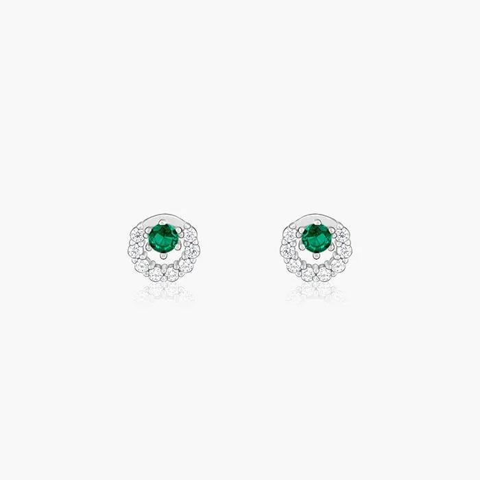 Silver Emerald Green Halo Stud Earrings