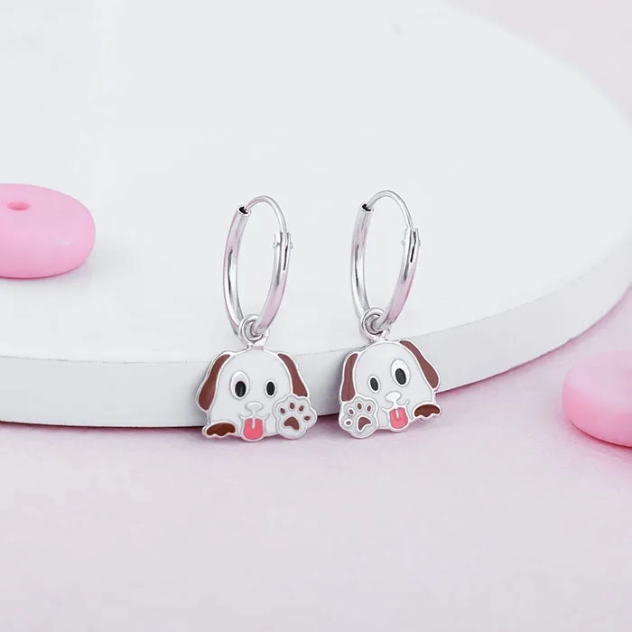 Silver Hello Puppy Kids Hoop Earrings (4-12 yrs)