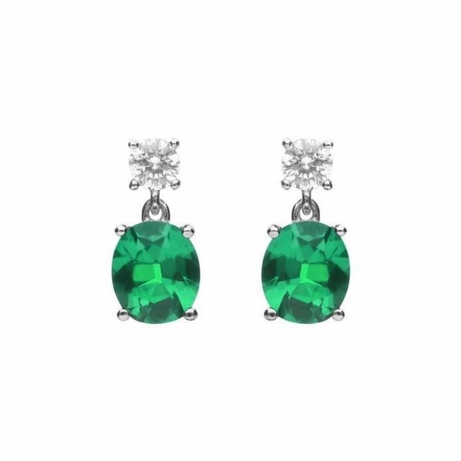 Silver Oval Green Cubic Zirconia Drop Earrings