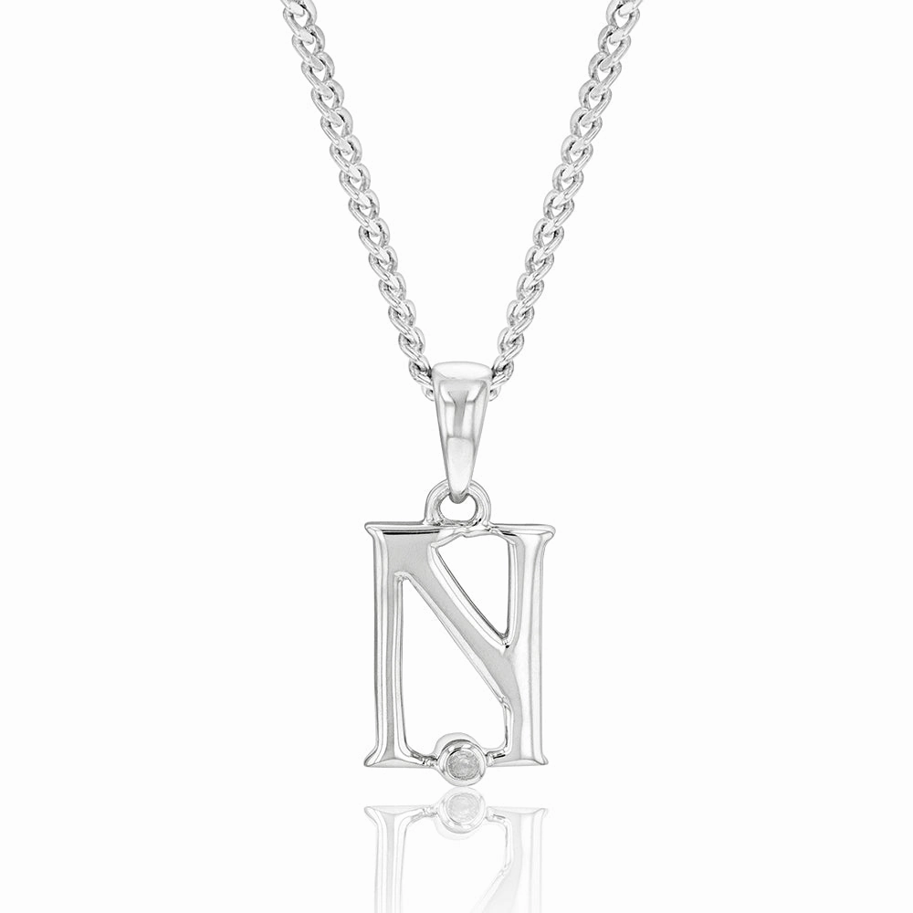 Silver Pendant Initial N set with Diamond