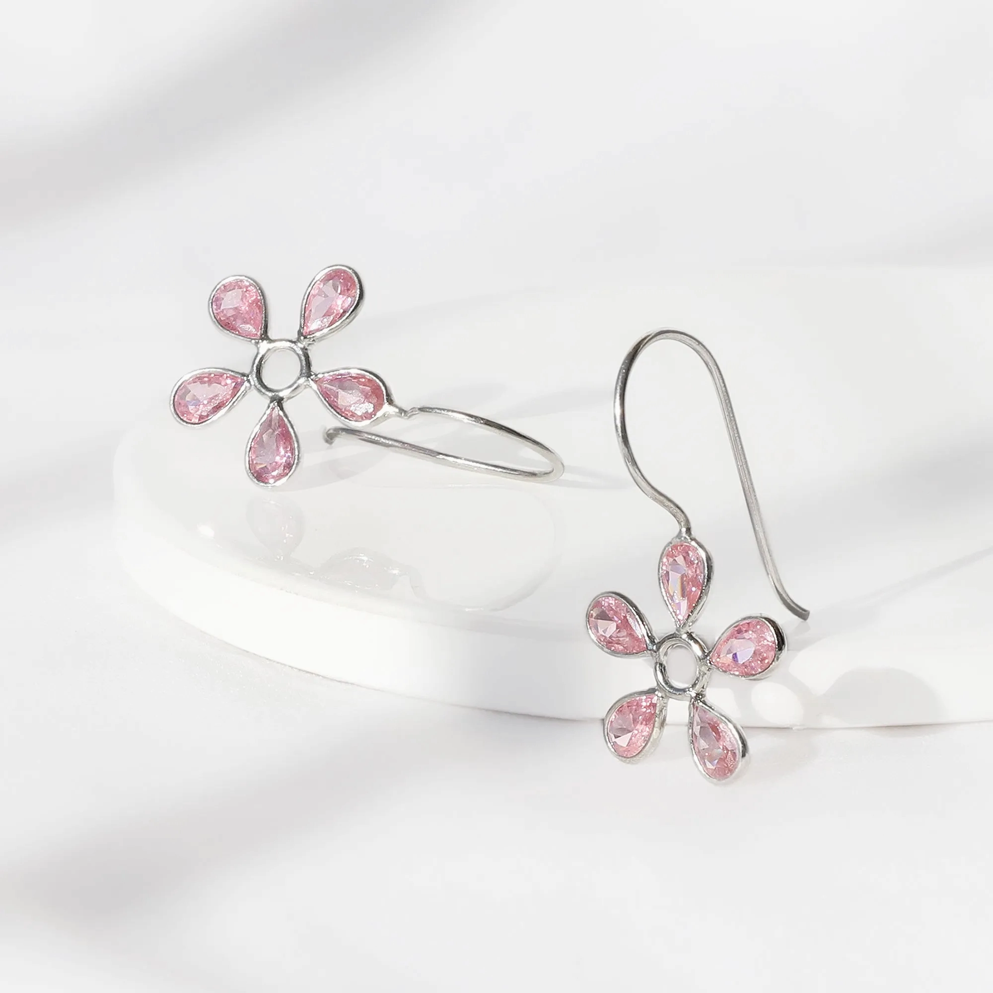 Silver Pink Dahlia Earrings