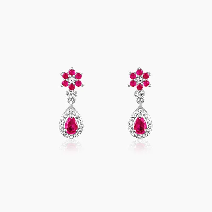 Silver Pink Flower Mini Drop Earrings