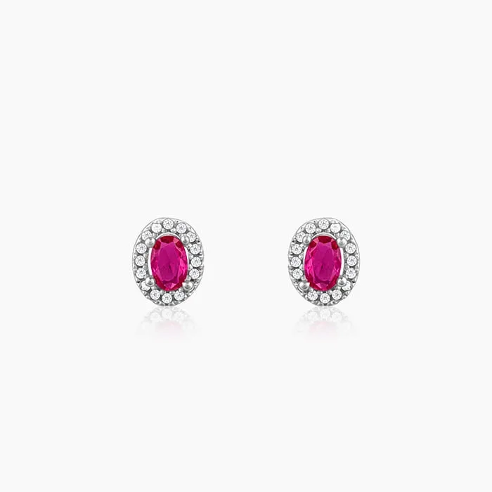 Silver Pink Oval Halo Studs