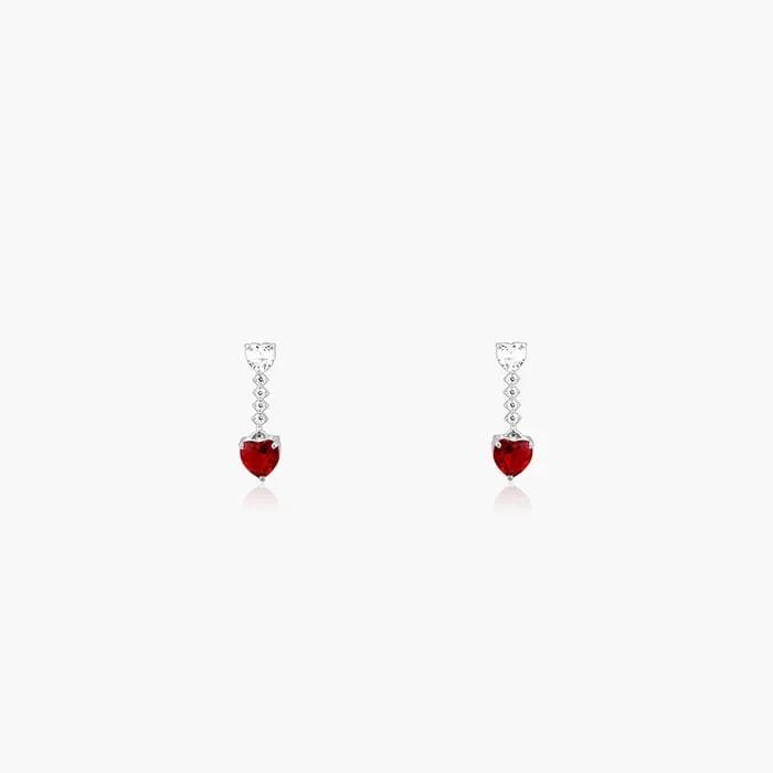 Silver Red Heart Dangler Earrings