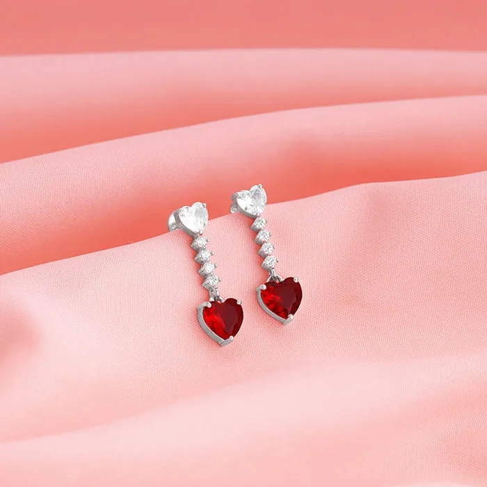Silver Red Heart Dangler Earrings