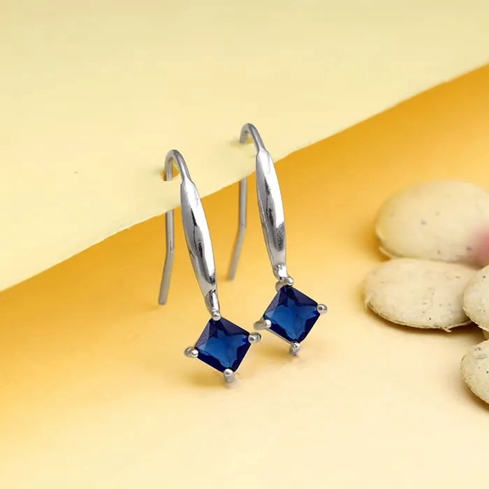 Silver Sapphire Blue Square Earrings