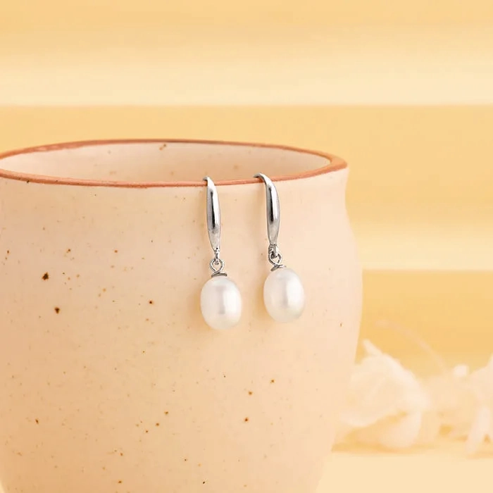 Silver White Pearl Drop Earrings