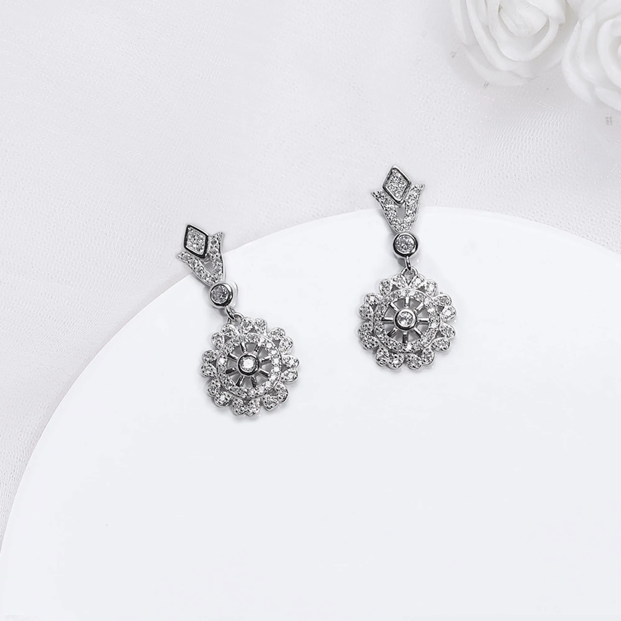Silver Zircon Flower Drop Earrings
