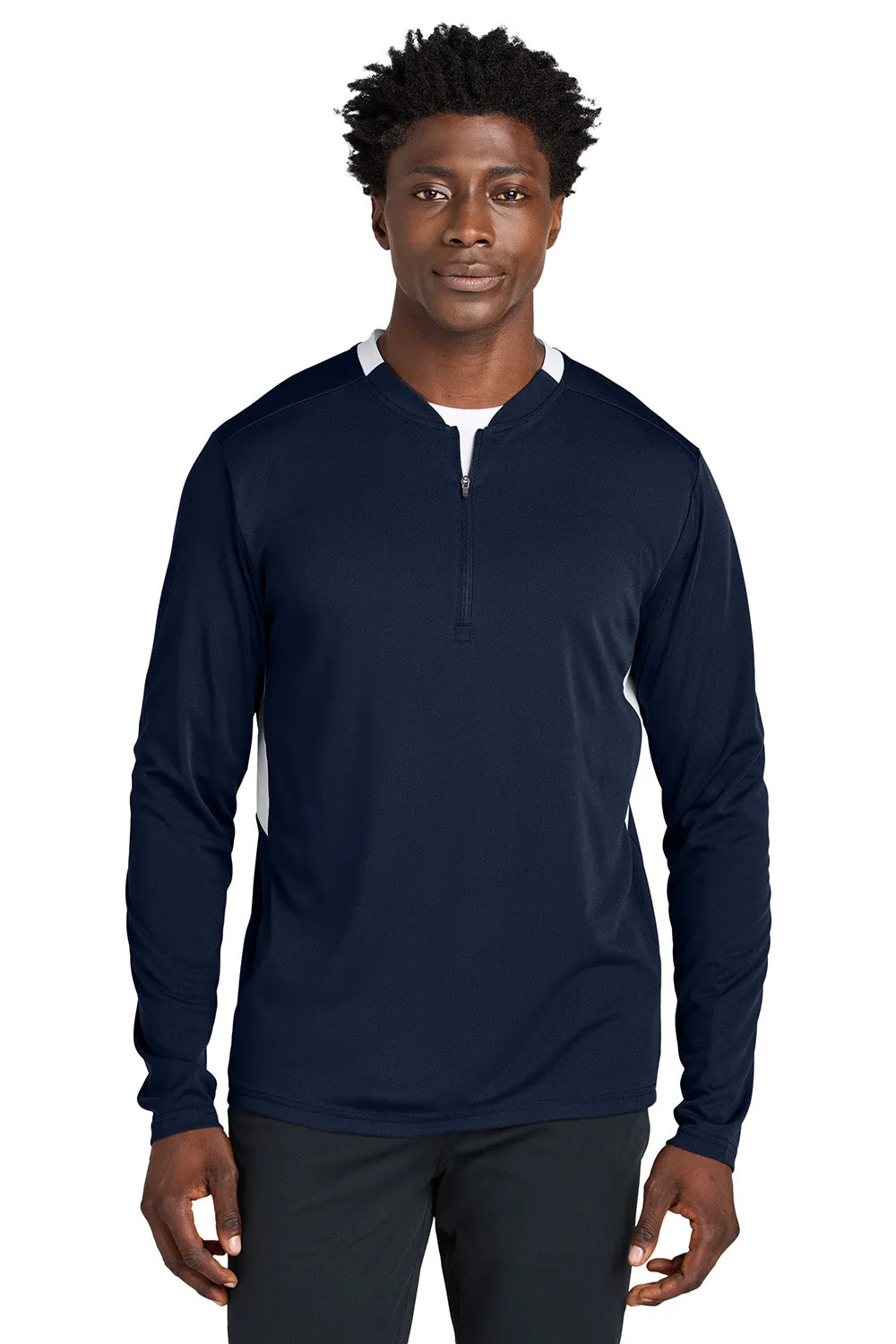 Sport-Tek Mens Club Moisture Wicking 1/4 Zip Sweatshirt - True Navy Blue/White