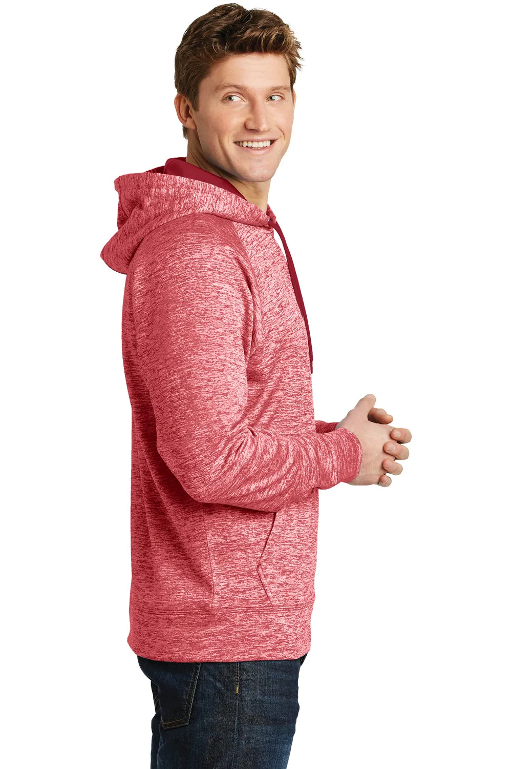 Sport-Tek Mens Electric Heather Moisture Wicking Fleece Hooded Sweatshirt Hoodie w/ Pouch Pocket - Deep Red Electric - Closeout Clothing Sport-Tek