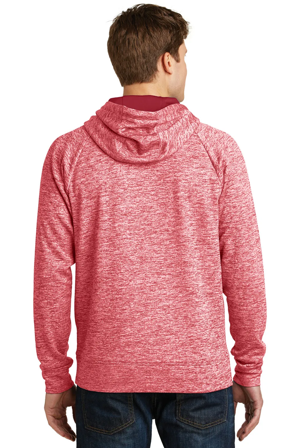 Sport-Tek Mens Electric Heather Moisture Wicking Fleece Hooded Sweatshirt Hoodie w/ Pouch Pocket - Deep Red Electric - Closeout Clothing Sport-Tek