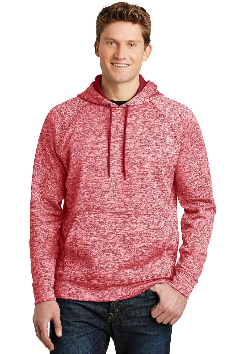 Sport-Tek Mens Electric Heather Moisture Wicking Fleece Hooded Sweatshirt Hoodie w/ Pouch Pocket - Deep Red Electric - Closeout Clothing Sport-Tek