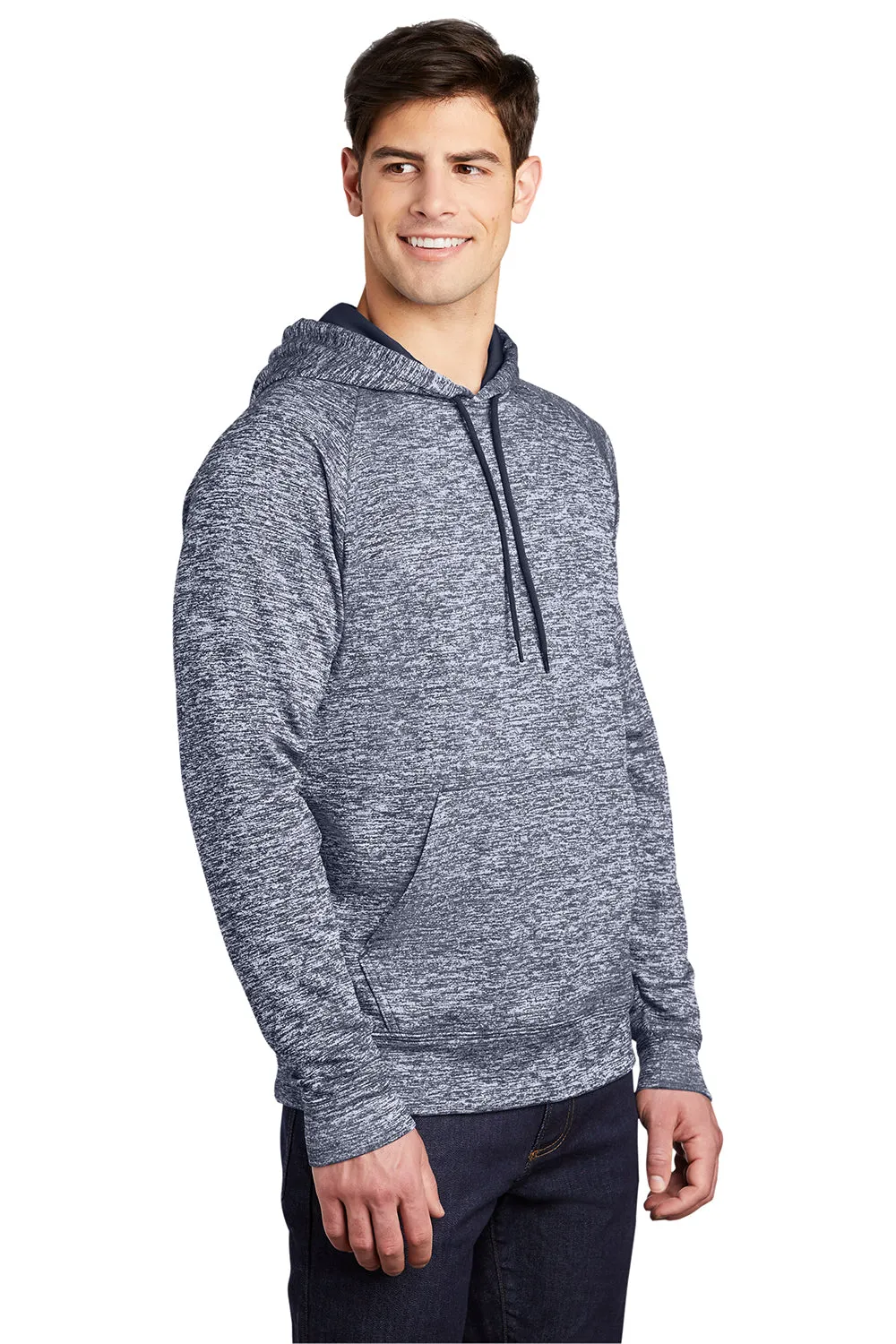 Sport-Tek Mens Electric Heather Moisture Wicking Fleece Hooded Sweatshirt Hoodie w/ Pouch Pocket - True Navy Blue Electric Clothing Sport-Tek