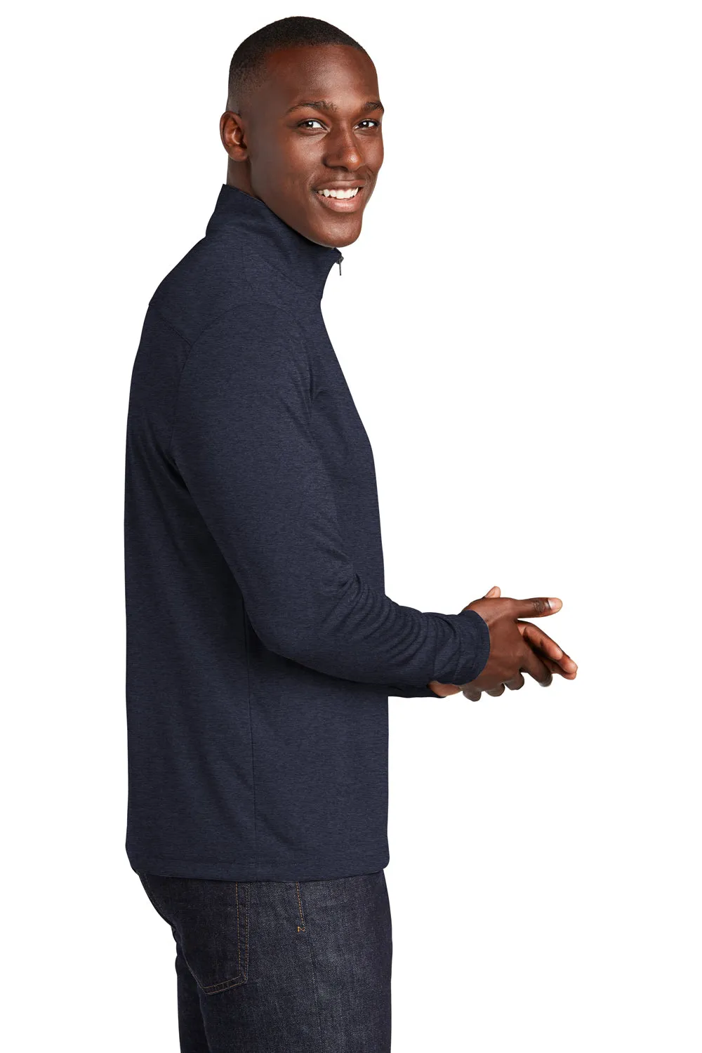 Sport-Tek Mens Endeavor Moisture Wicking 1/4 Zip Sweatshirt - Heather Deep Navy Blue Clothing Sport-Tek