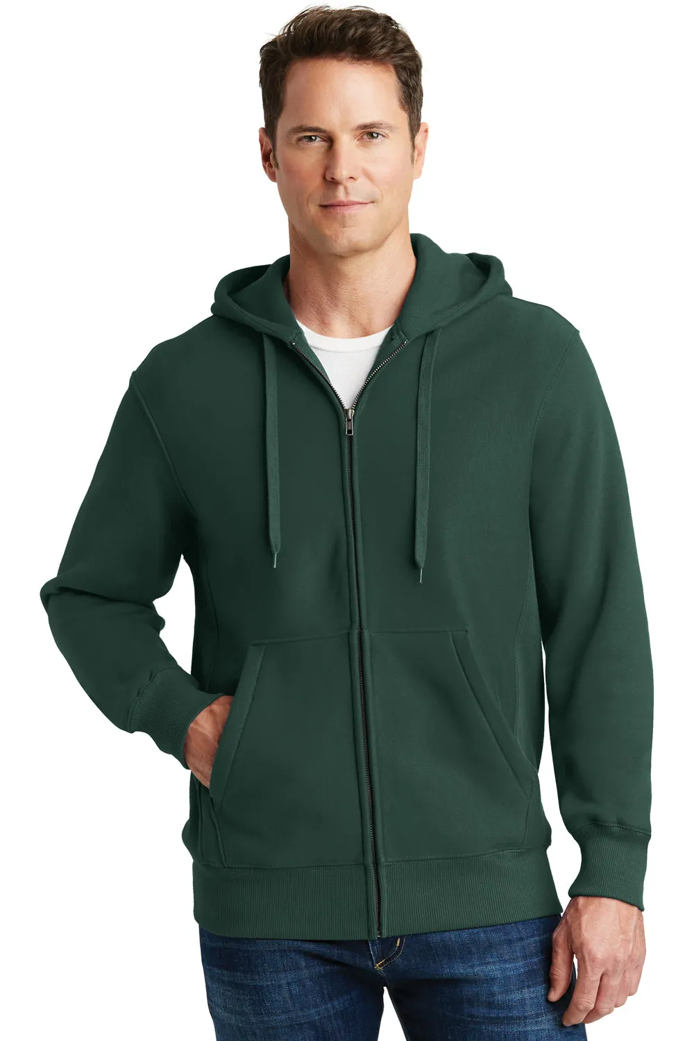 Sport-Tek Mens Fleece Full Zip Hooded Sweatshirt Hoodie w/ Pockets - Dark Green