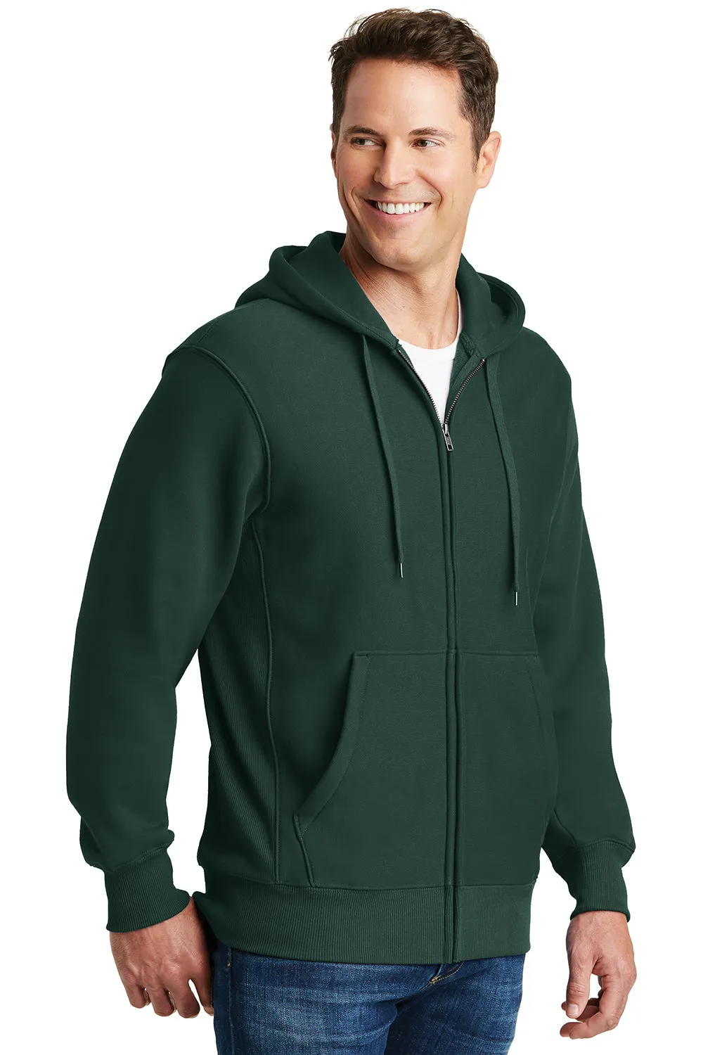 Sport-Tek Mens Fleece Full Zip Hooded Sweatshirt Hoodie w/ Pockets - Dark Green