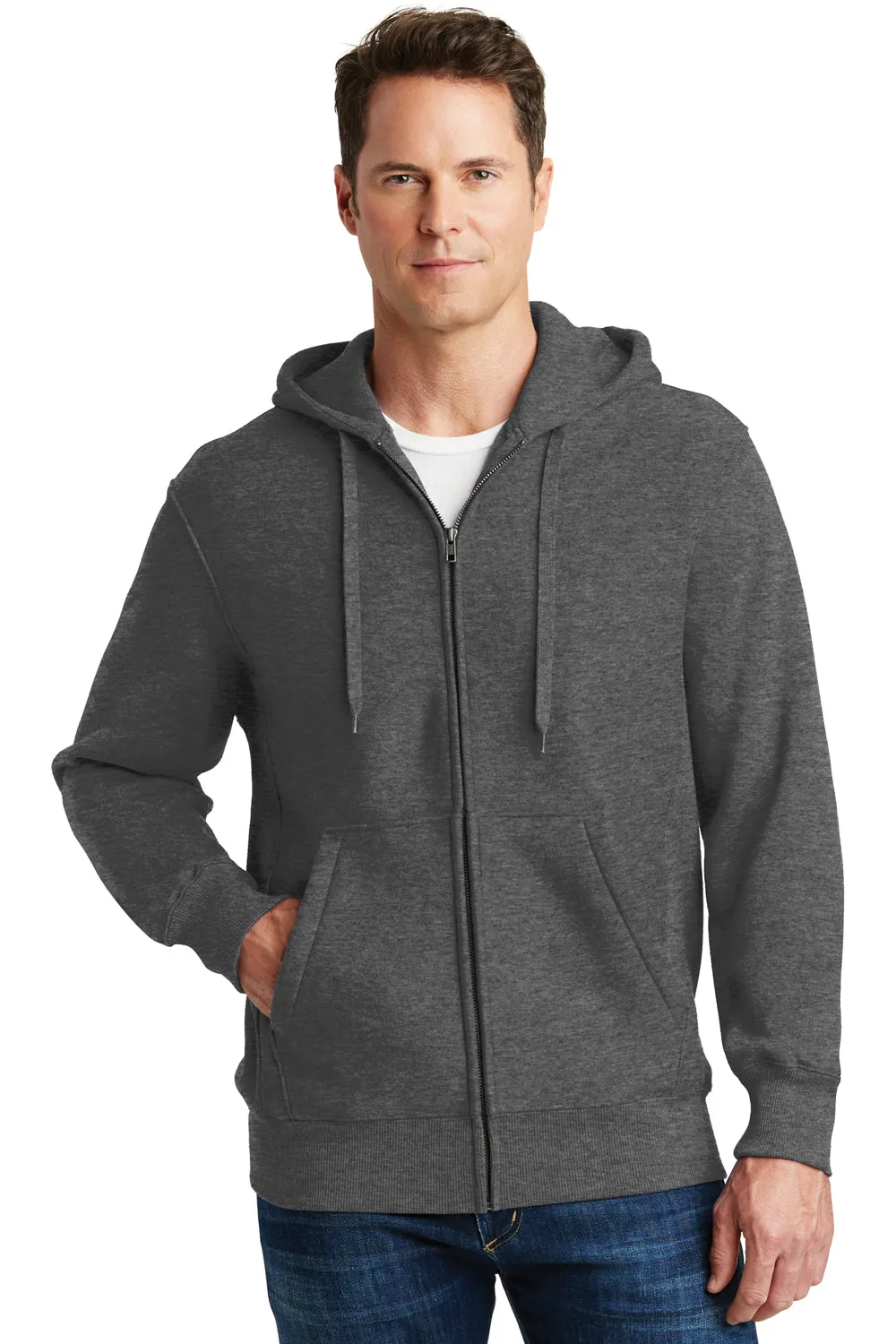 Sport-Tek Mens Fleece Full Zip Hooded Sweatshirt Hoodie w/ Pockets - Heather Graphite Grey Clothing Sport-Tek