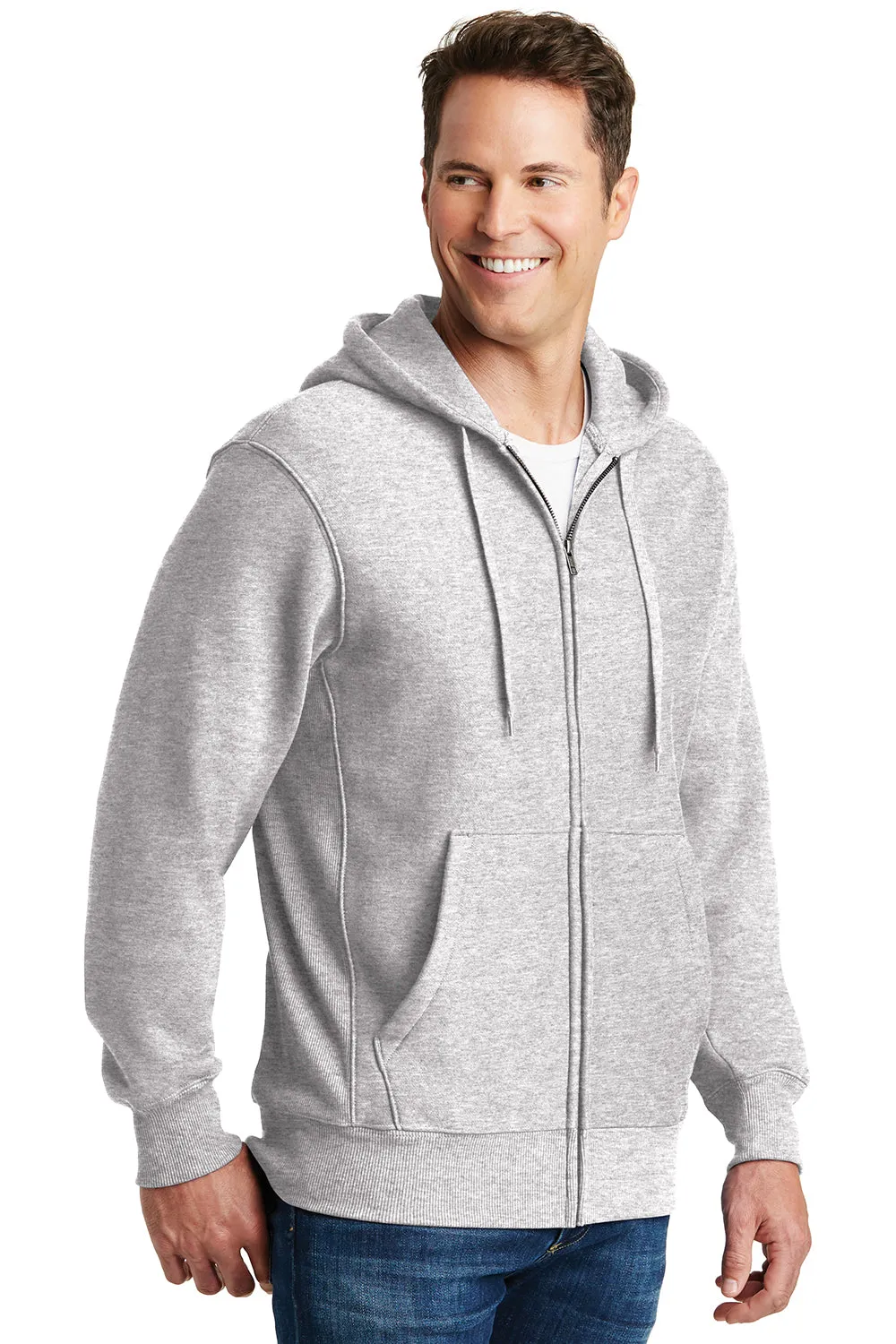 Sport-Tek Mens Fleece Full Zip Hooded Sweatshirt Hoodie w/ Pockets - Heather Grey Clothing Sport-Tek
