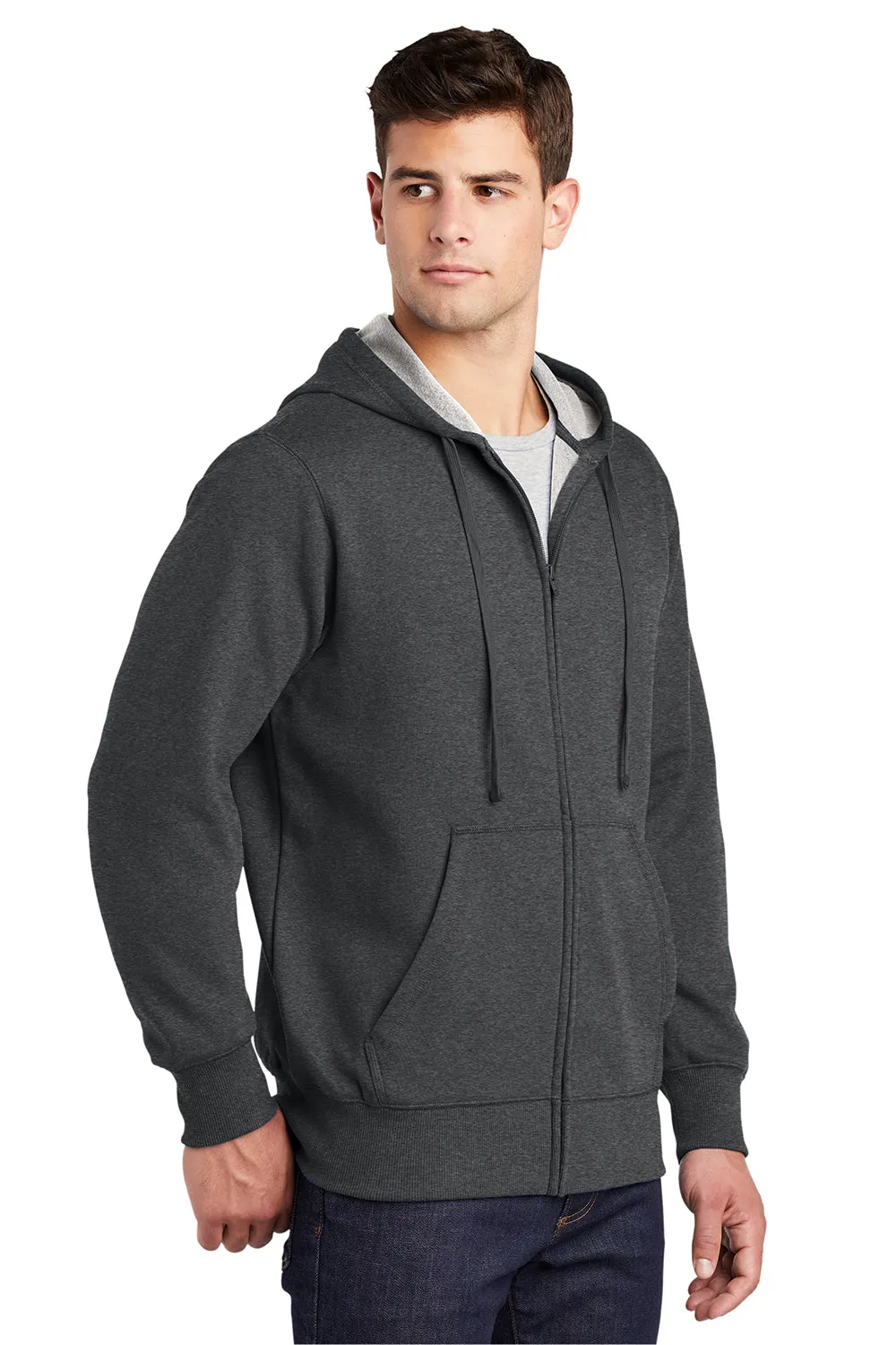 Sport-Tek Mens Fleece Full Zip Hooded Sweatshirt Hoodie w/ Pouch Pocket - Heather Graphite Grey Clothing Sport-Tek