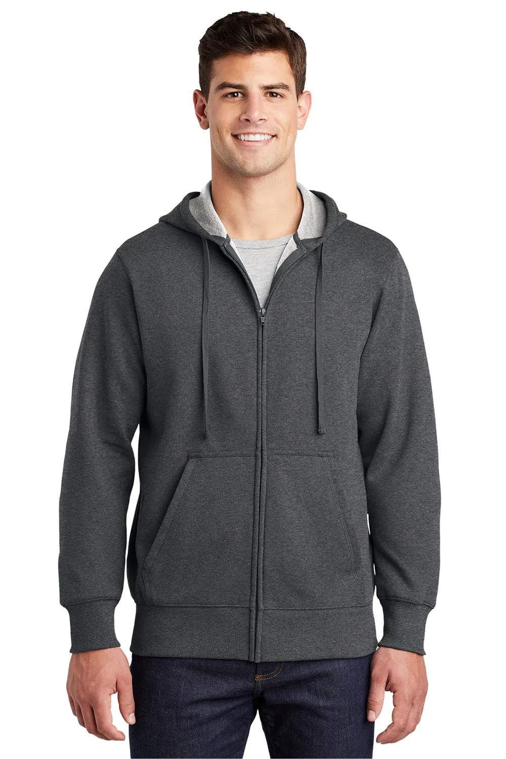 Sport-Tek Mens Fleece Full Zip Hooded Sweatshirt Hoodie w/ Pouch Pocket - Heather Graphite Grey Clothing Sport-Tek
