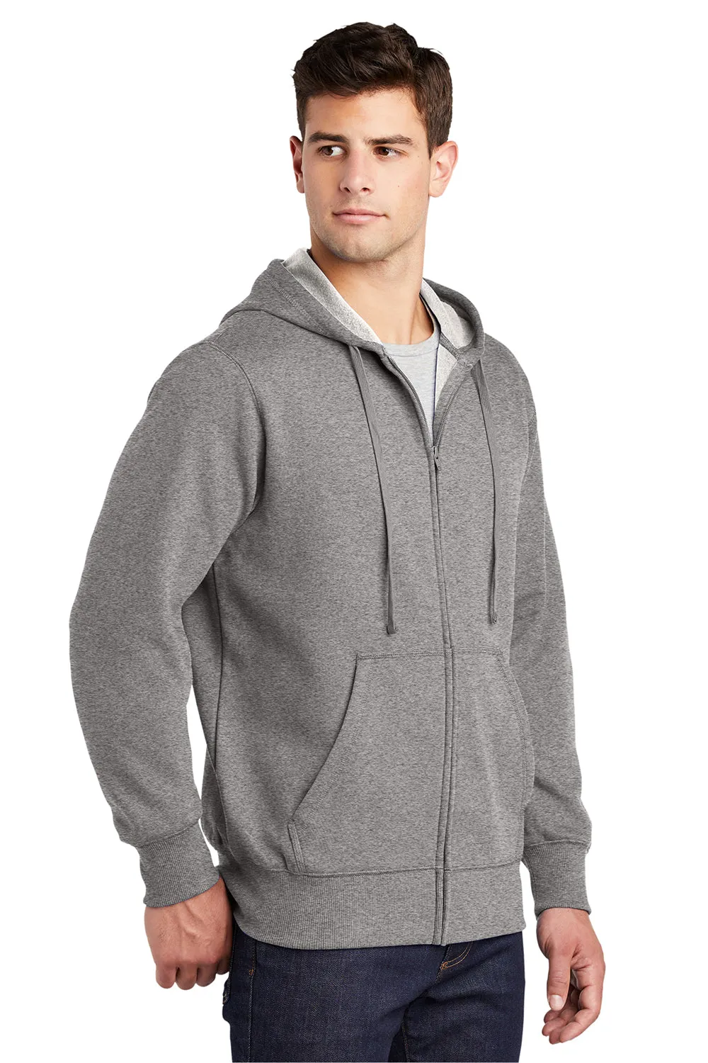 Sport-Tek Mens Fleece Full Zip Hooded Sweatshirt Hoodie w/ Pouch Pocket - Heather Vintage Grey Clothing Sport-Tek