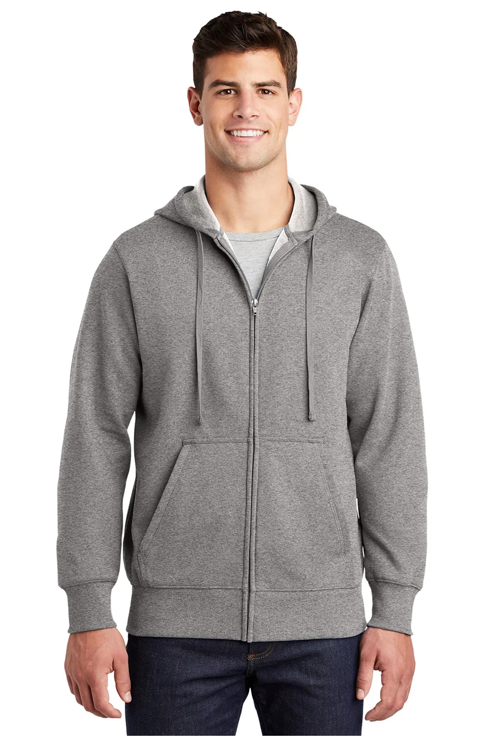 Sport-Tek Mens Fleece Full Zip Hooded Sweatshirt Hoodie w/ Pouch Pocket - Heather Vintage Grey Clothing Sport-Tek