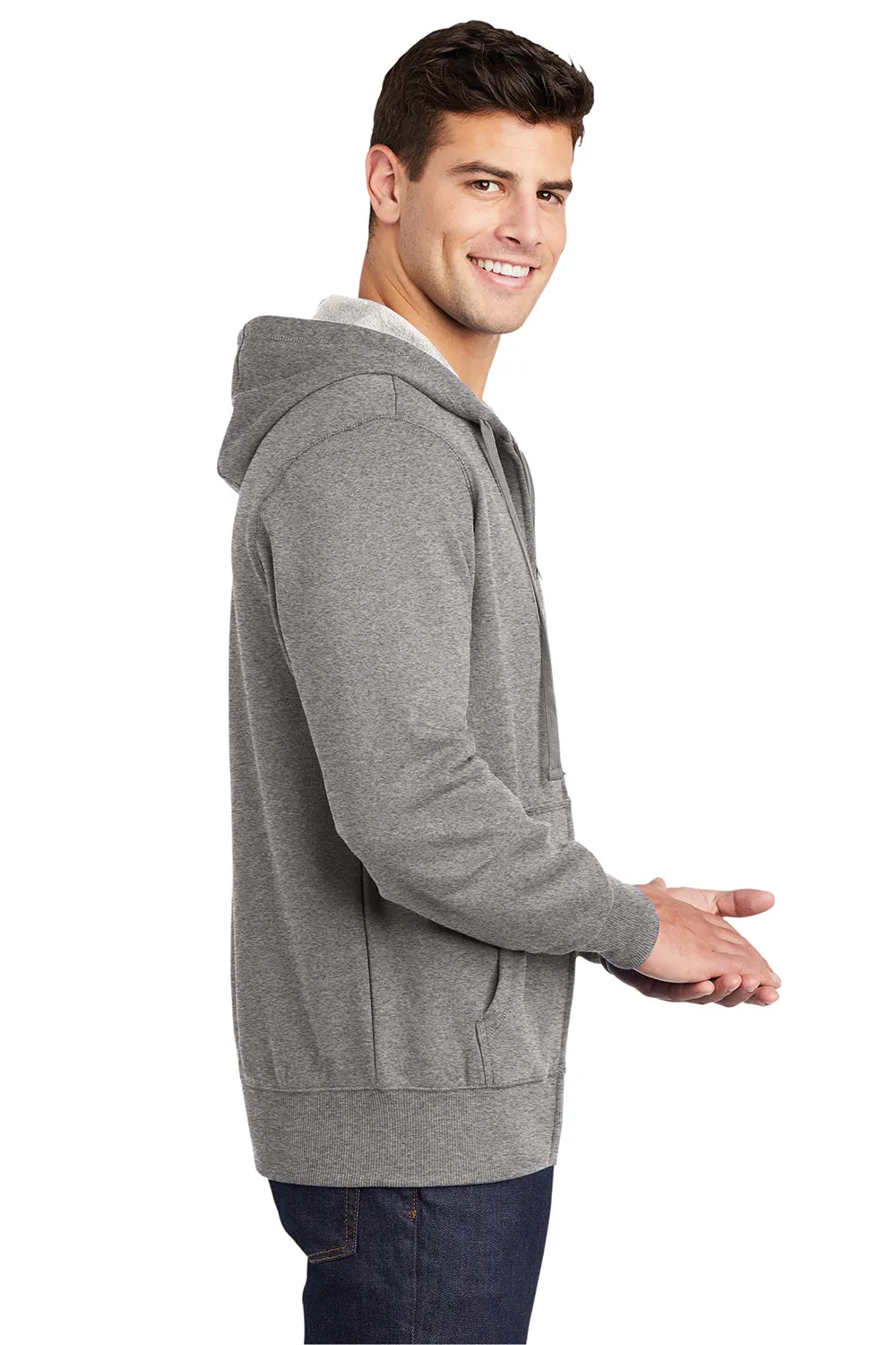 Sport-Tek Mens Fleece Full Zip Hooded Sweatshirt Hoodie w/ Pouch Pocket - Heather Vintage Grey Clothing Sport-Tek