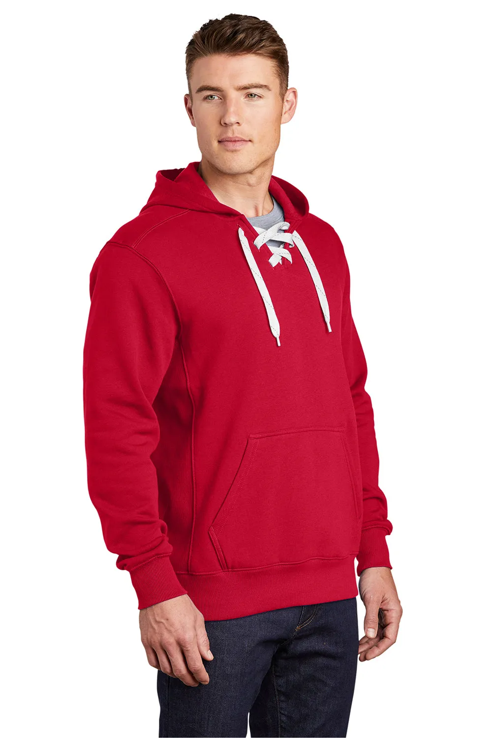 Sport-Tek Mens Lace Up Fleece Hooded Sweatshirt Hoodie w/ Pouch Pocket - Deep Red Clothing Sport-Tek