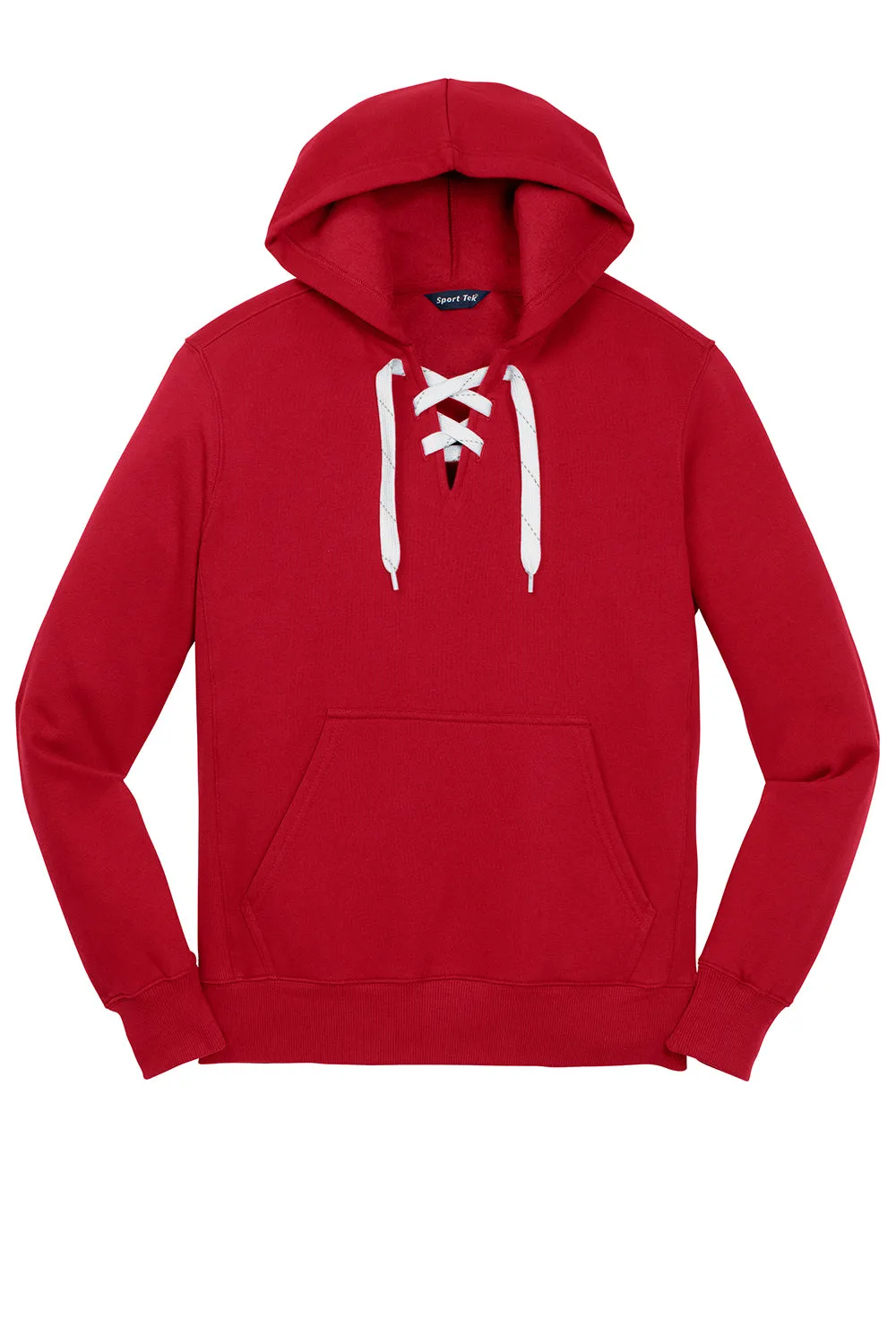 Sport-Tek Mens Lace Up Fleece Hooded Sweatshirt Hoodie w/ Pouch Pocket - Deep Red Clothing Sport-Tek