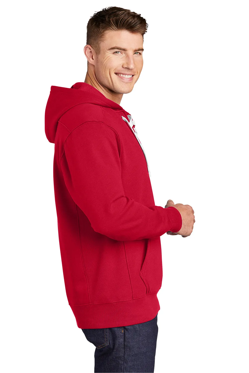Sport-Tek Mens Lace Up Fleece Hooded Sweatshirt Hoodie w/ Pouch Pocket - Deep Red Clothing Sport-Tek