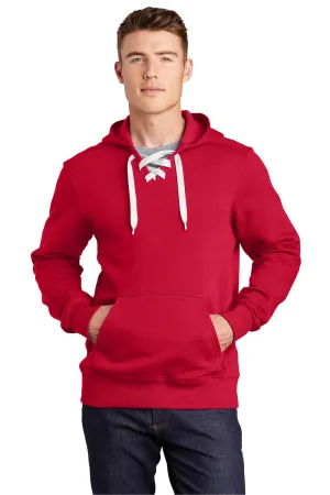 Sport-Tek Mens Lace Up Fleece Hooded Sweatshirt Hoodie w/ Pouch Pocket - Deep Red Clothing Sport-Tek