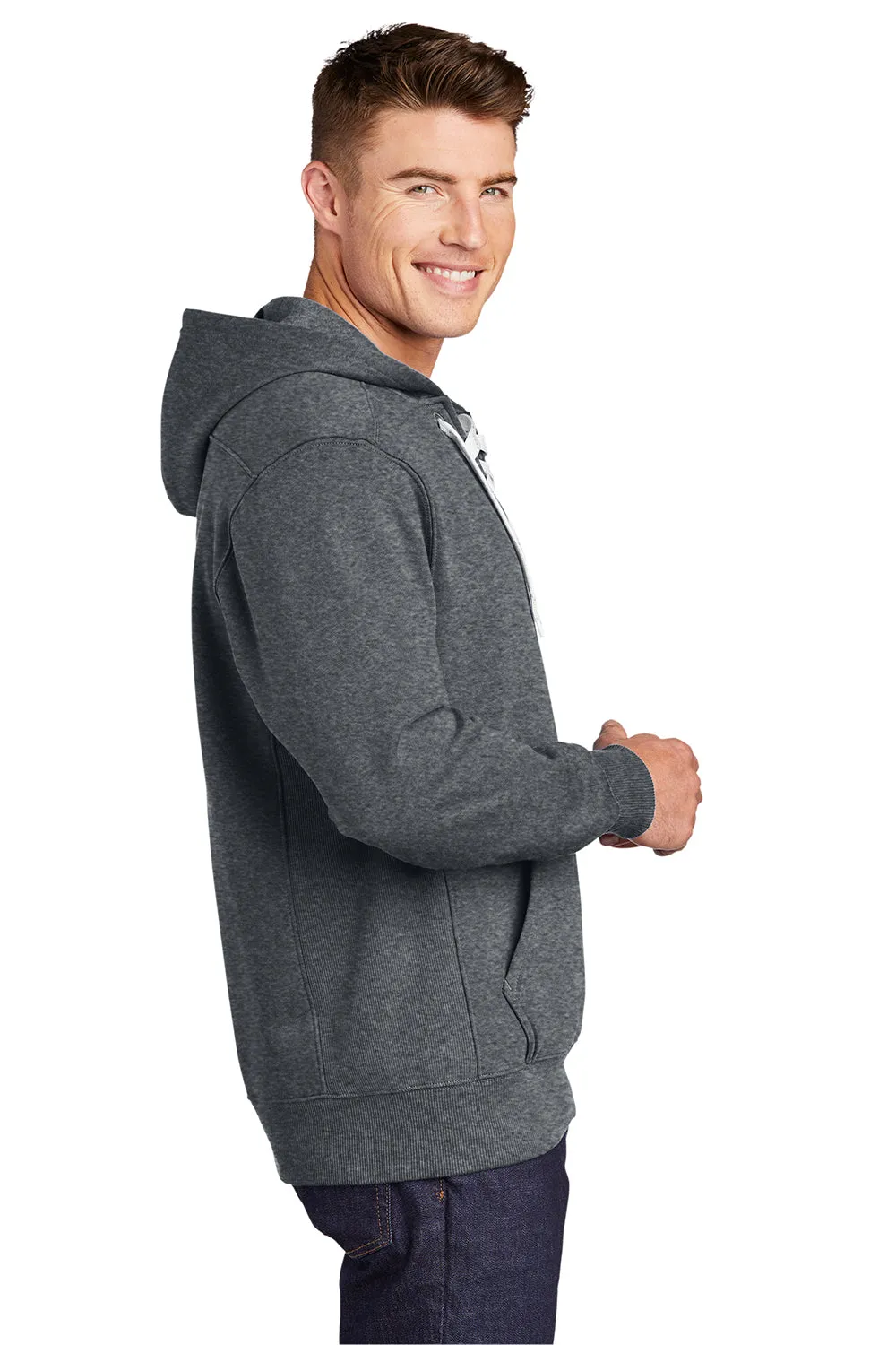 Sport-Tek Mens Lace Up Fleece Hooded Sweatshirt Hoodie w/ Pouch Pocket - Heather Graphite Grey