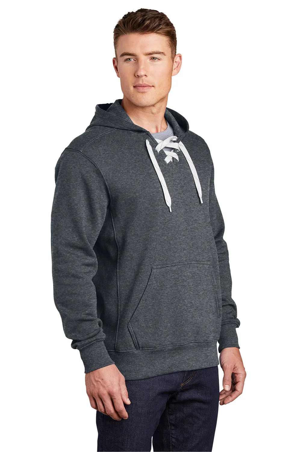 Sport-Tek Mens Lace Up Fleece Hooded Sweatshirt Hoodie w/ Pouch Pocket - Heather Graphite Grey