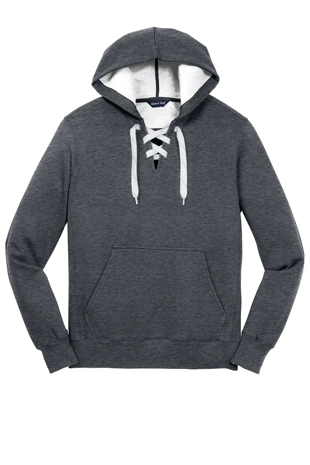Sport-Tek Mens Lace Up Fleece Hooded Sweatshirt Hoodie w/ Pouch Pocket - Heather Graphite Grey