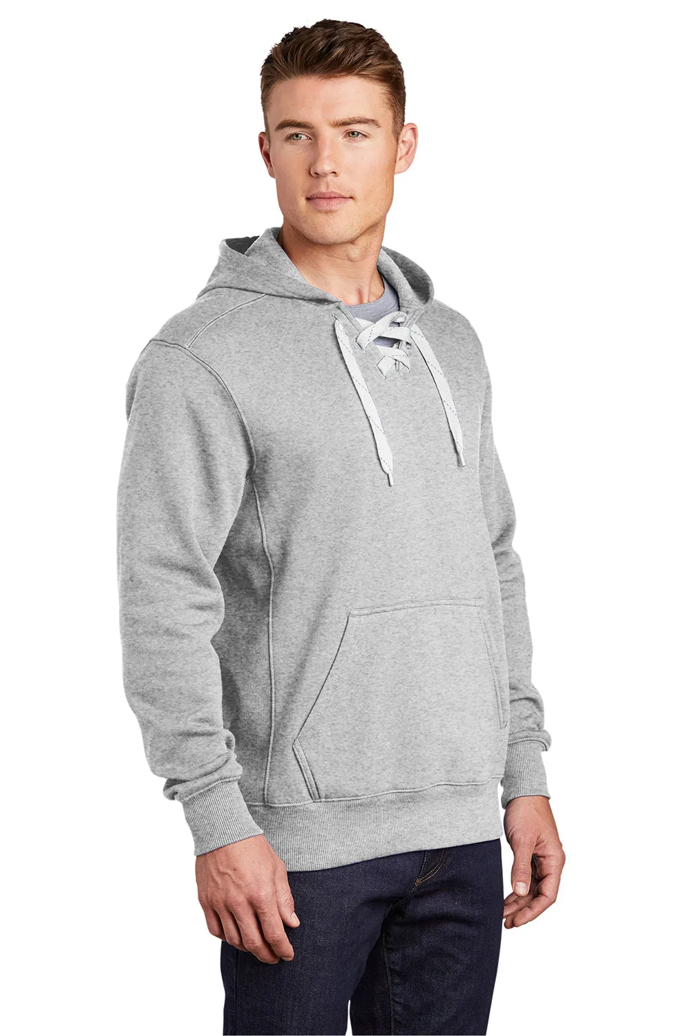 Sport-Tek Mens Lace Up Fleece Hooded Sweatshirt Hoodie w/ Pouch Pocket - Heather Grey