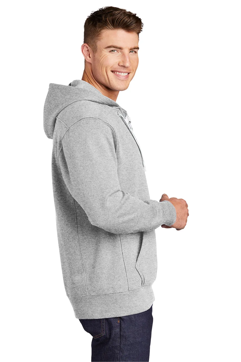 Sport-Tek Mens Lace Up Fleece Hooded Sweatshirt Hoodie w/ Pouch Pocket - Heather Grey
