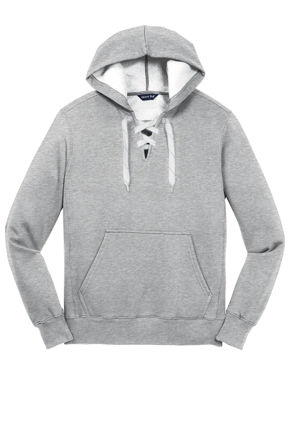 Sport-Tek Mens Lace Up Fleece Hooded Sweatshirt Hoodie w/ Pouch Pocket - Heather Grey