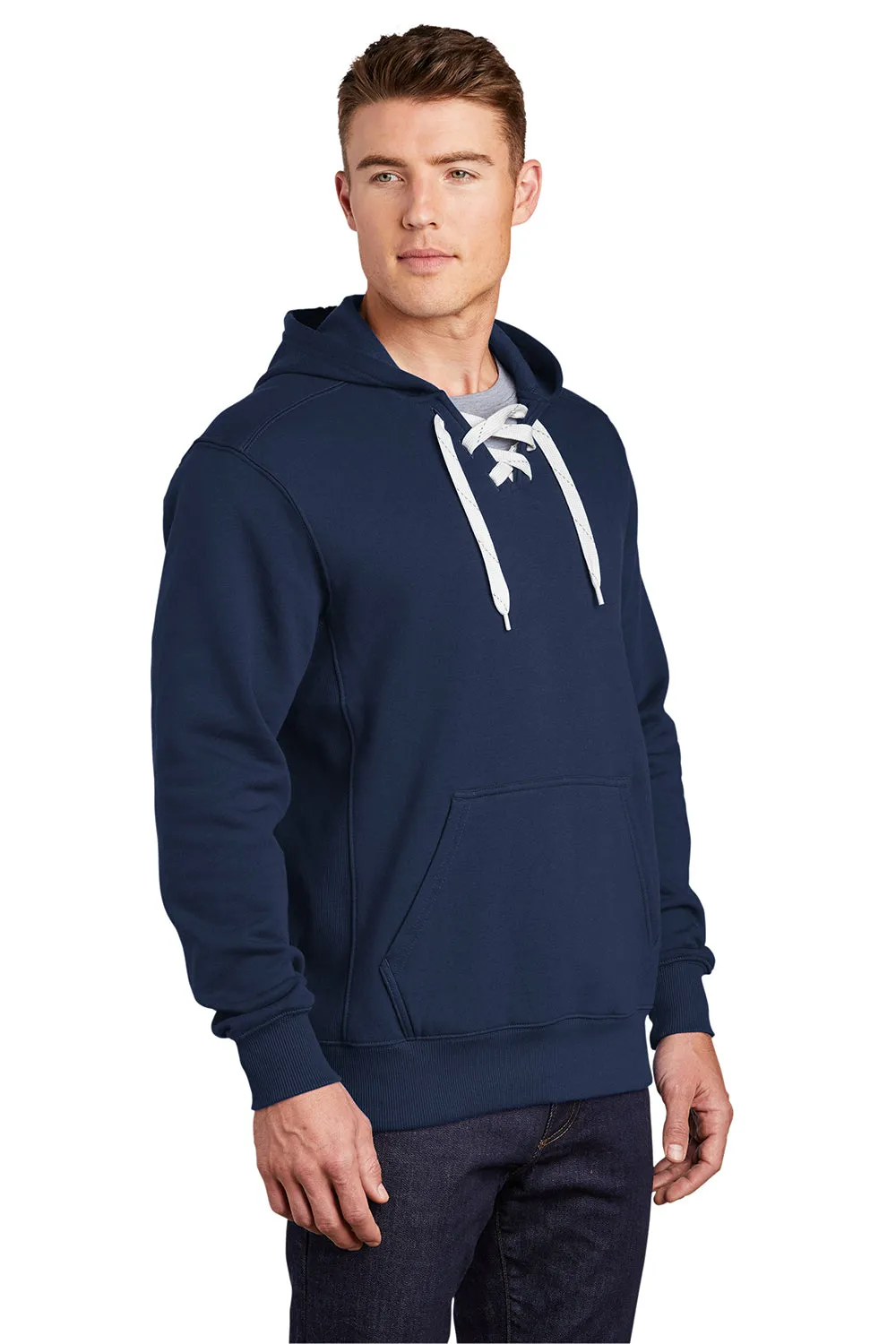 Sport-Tek Mens Lace Up Fleece Hooded Sweatshirt Hoodie w/ Pouch Pocket - True Navy Blue