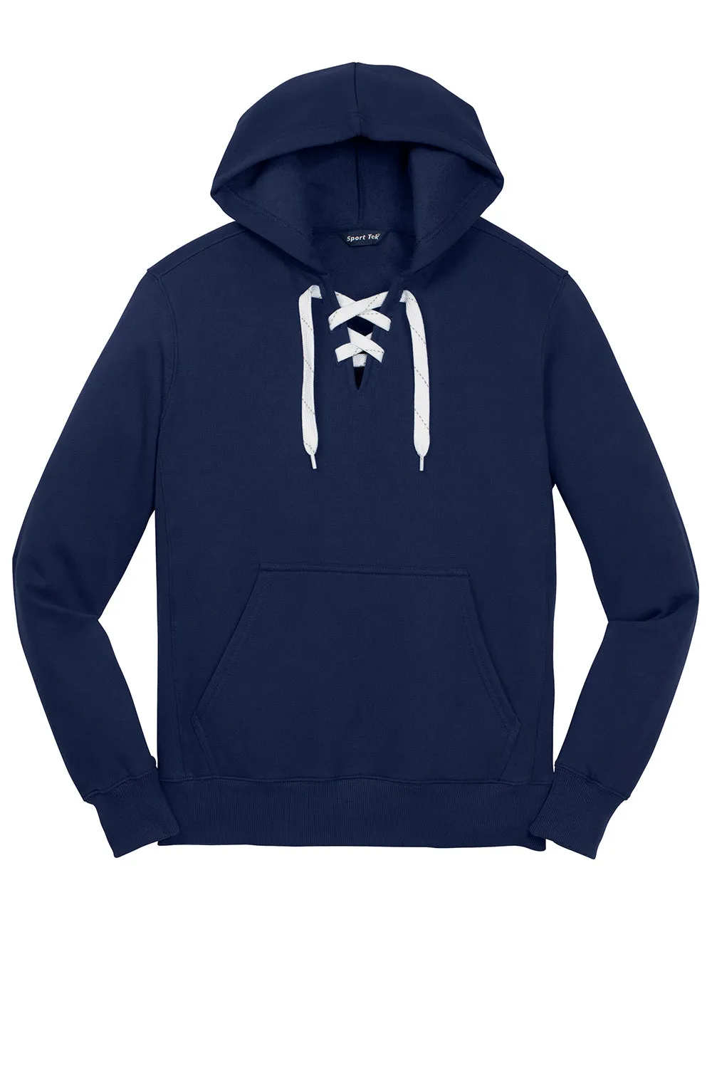 Sport-Tek Mens Lace Up Fleece Hooded Sweatshirt Hoodie w/ Pouch Pocket - True Navy Blue