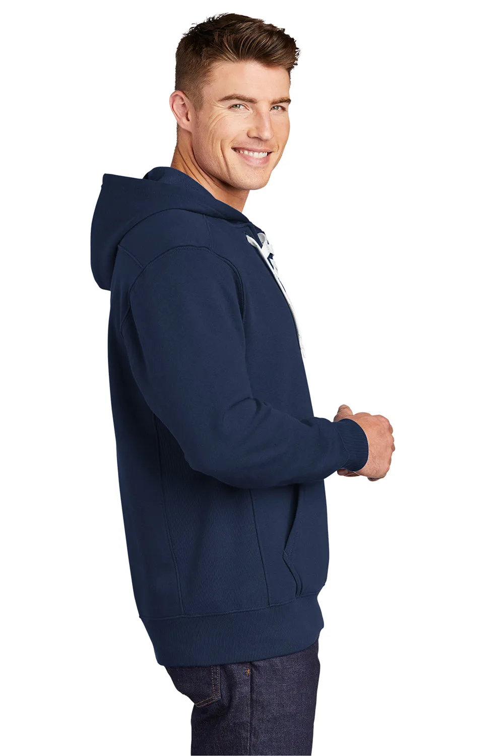 Sport-Tek Mens Lace Up Fleece Hooded Sweatshirt Hoodie w/ Pouch Pocket - True Navy Blue