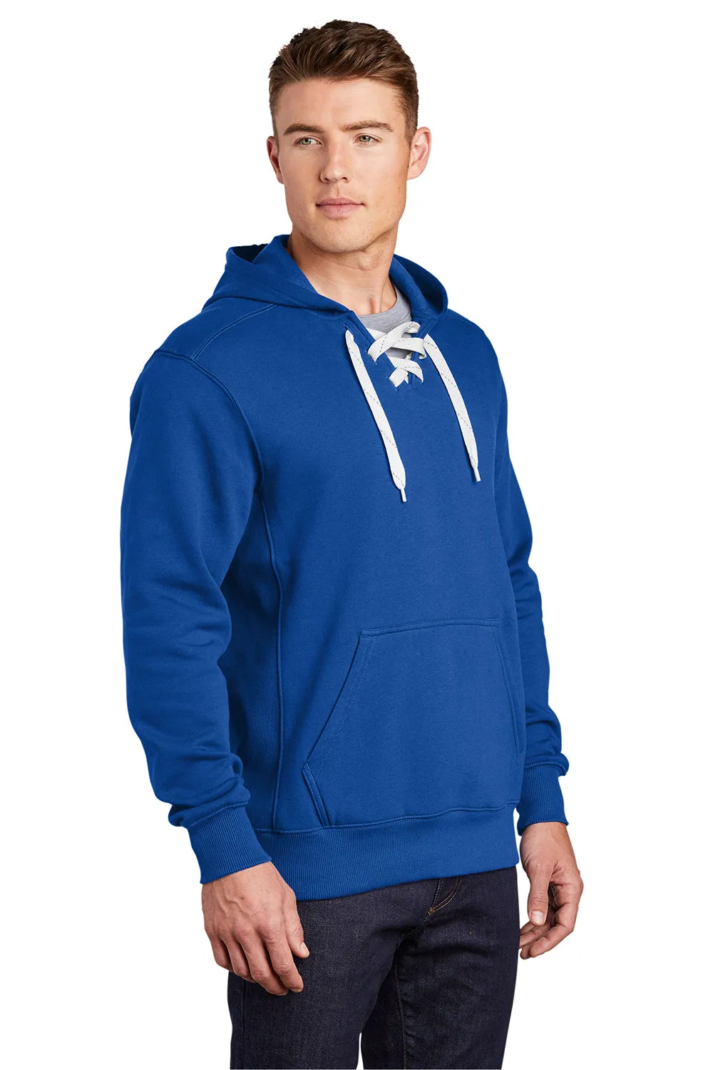 Sport-Tek Mens Lace Up Fleece Hooded Sweatshirt Hoodie w/ Pouch Pocket - True Royal Blue