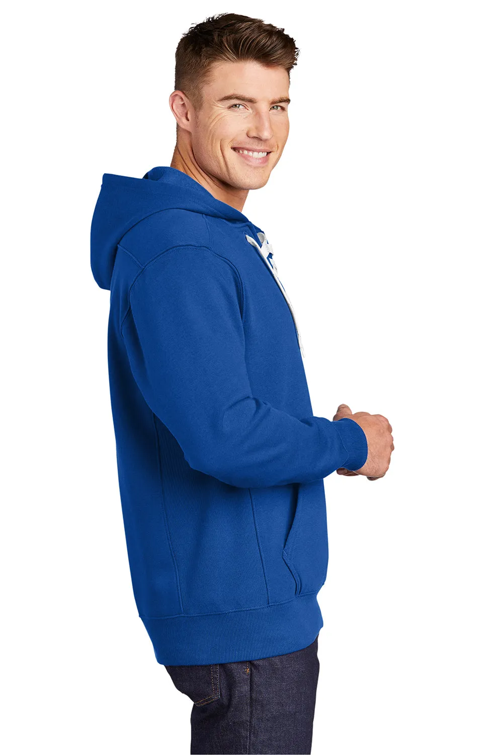Sport-Tek Mens Lace Up Fleece Hooded Sweatshirt Hoodie w/ Pouch Pocket - True Royal Blue