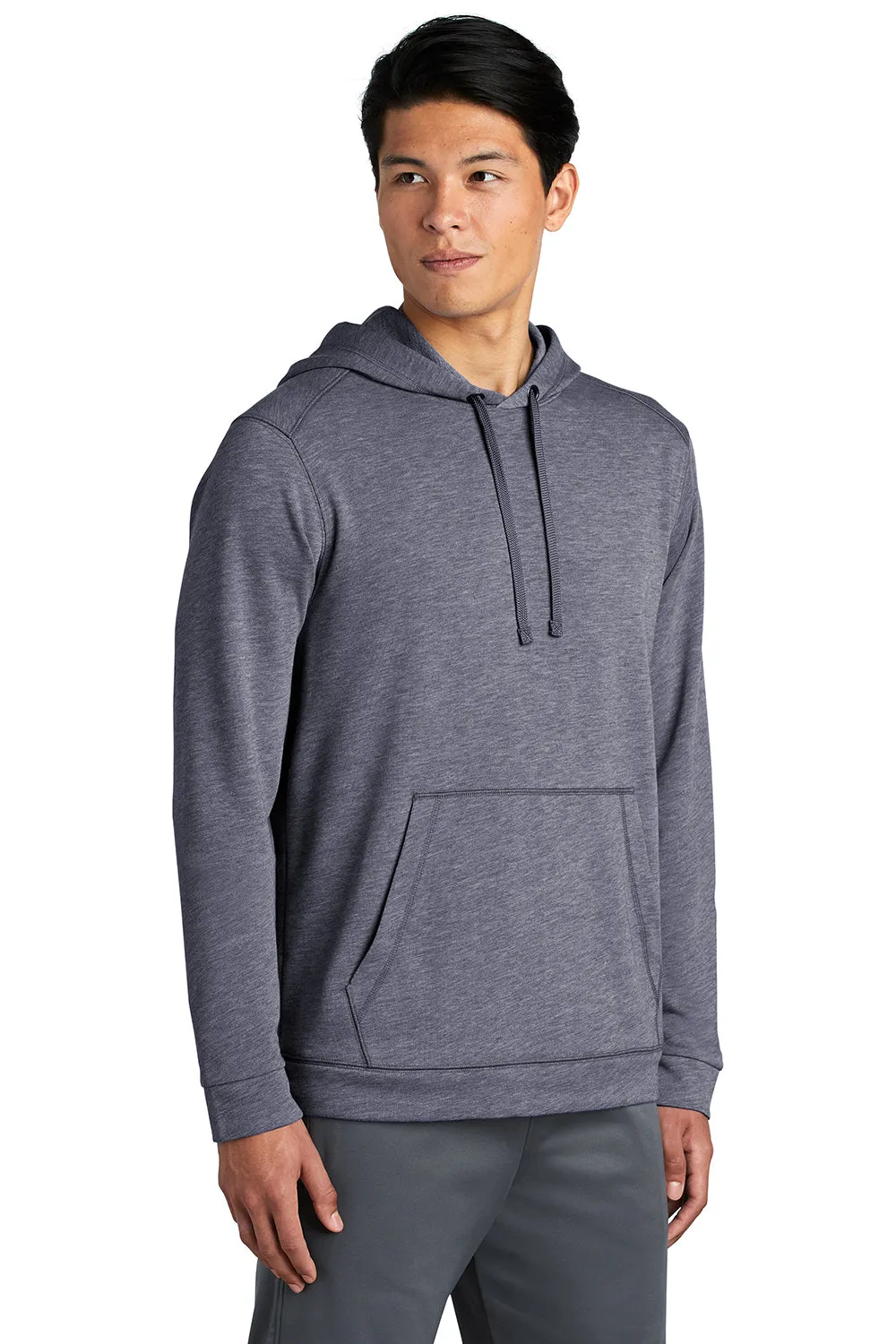 Sport-Tek Mens Moisture Wicking Fleece Hooded Sweatshirt Hoodie w/ Pouch Pocket - Heather True Navy Blue - Closeout Clothing Sport-Tek