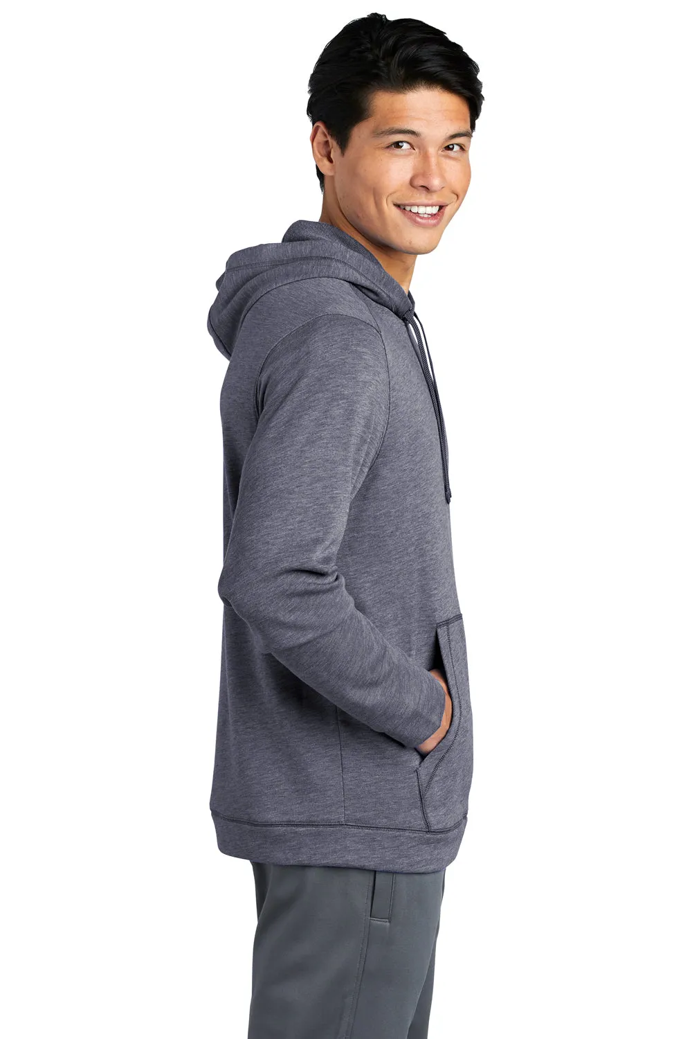 Sport-Tek Mens Moisture Wicking Fleece Hooded Sweatshirt Hoodie w/ Pouch Pocket - Heather True Navy Blue - Closeout Clothing Sport-Tek
