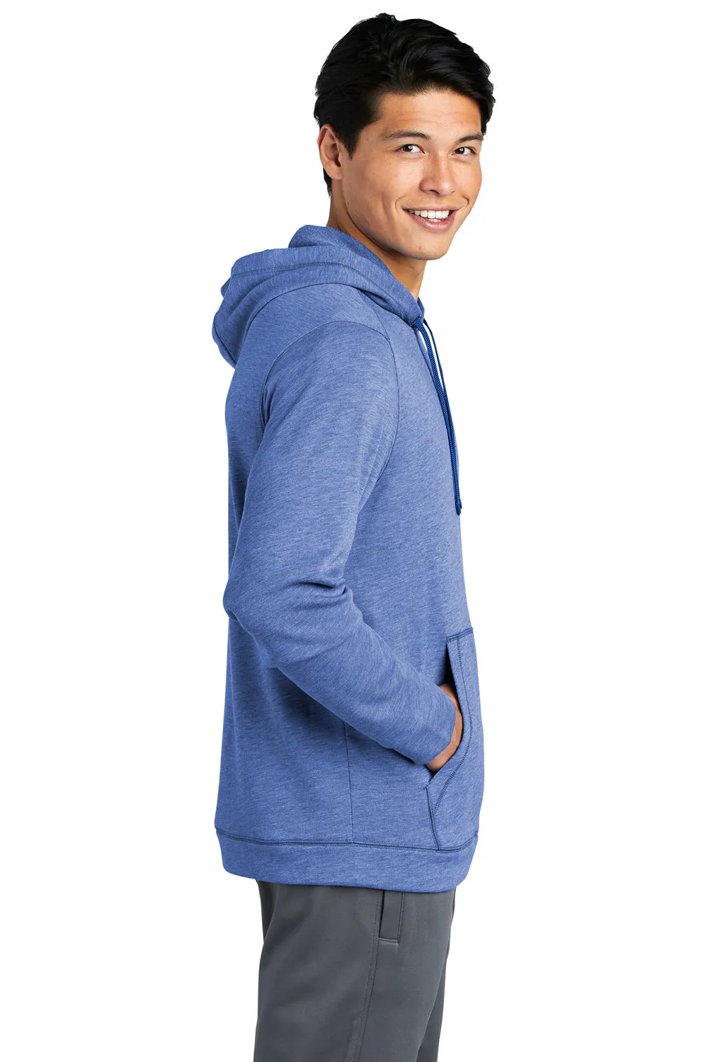Sport-Tek Mens Moisture Wicking Fleece Hooded Sweatshirt Hoodie w/ Pouch Pocket - Heather True Royal Blue - Closeout Clothing Sport-Tek