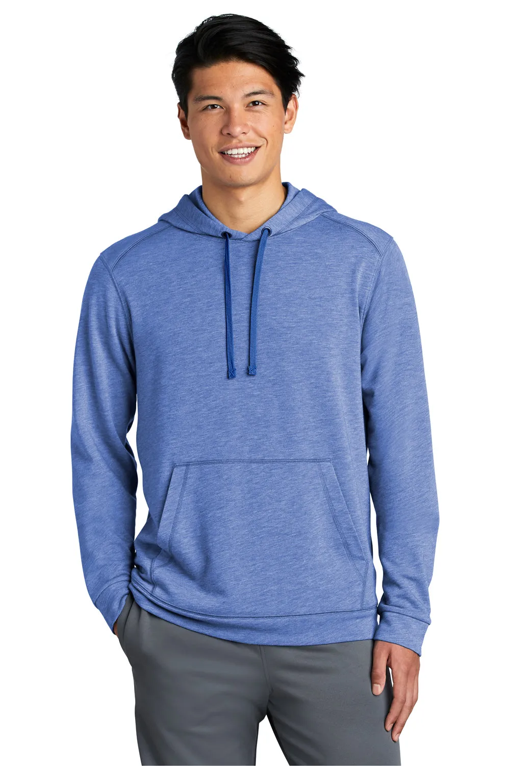 Sport-Tek Mens Moisture Wicking Fleece Hooded Sweatshirt Hoodie w/ Pouch Pocket - Heather True Royal Blue - Closeout Clothing Sport-Tek