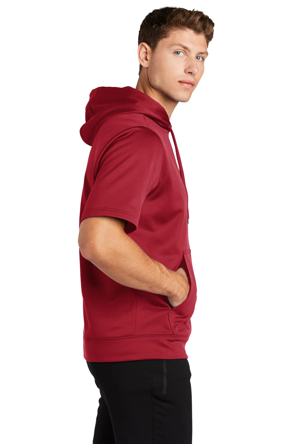 Sport-Tek Mens Moisture Wicking Fleece Short Sleeve Hooded Sweatshirt Hoodie w/ Pouch Pocket - Deep Red