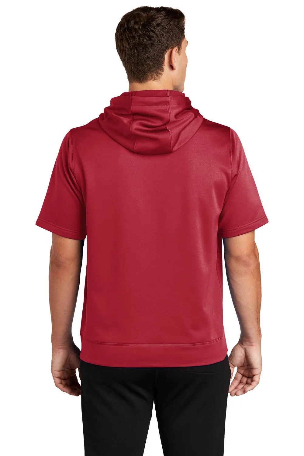 Sport-Tek Mens Moisture Wicking Fleece Short Sleeve Hooded Sweatshirt Hoodie w/ Pouch Pocket - Deep Red