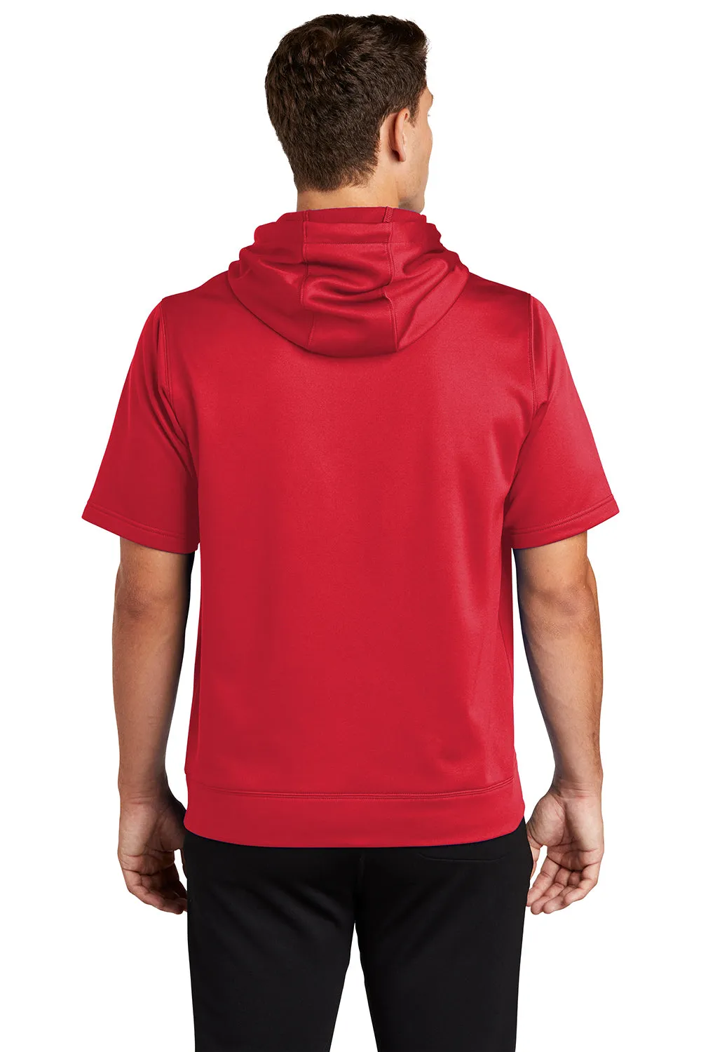 Sport-Tek Mens Moisture Wicking Fleece Short Sleeve Hooded Sweatshirt Hoodie w/ Pouch Pocket - Deep Red